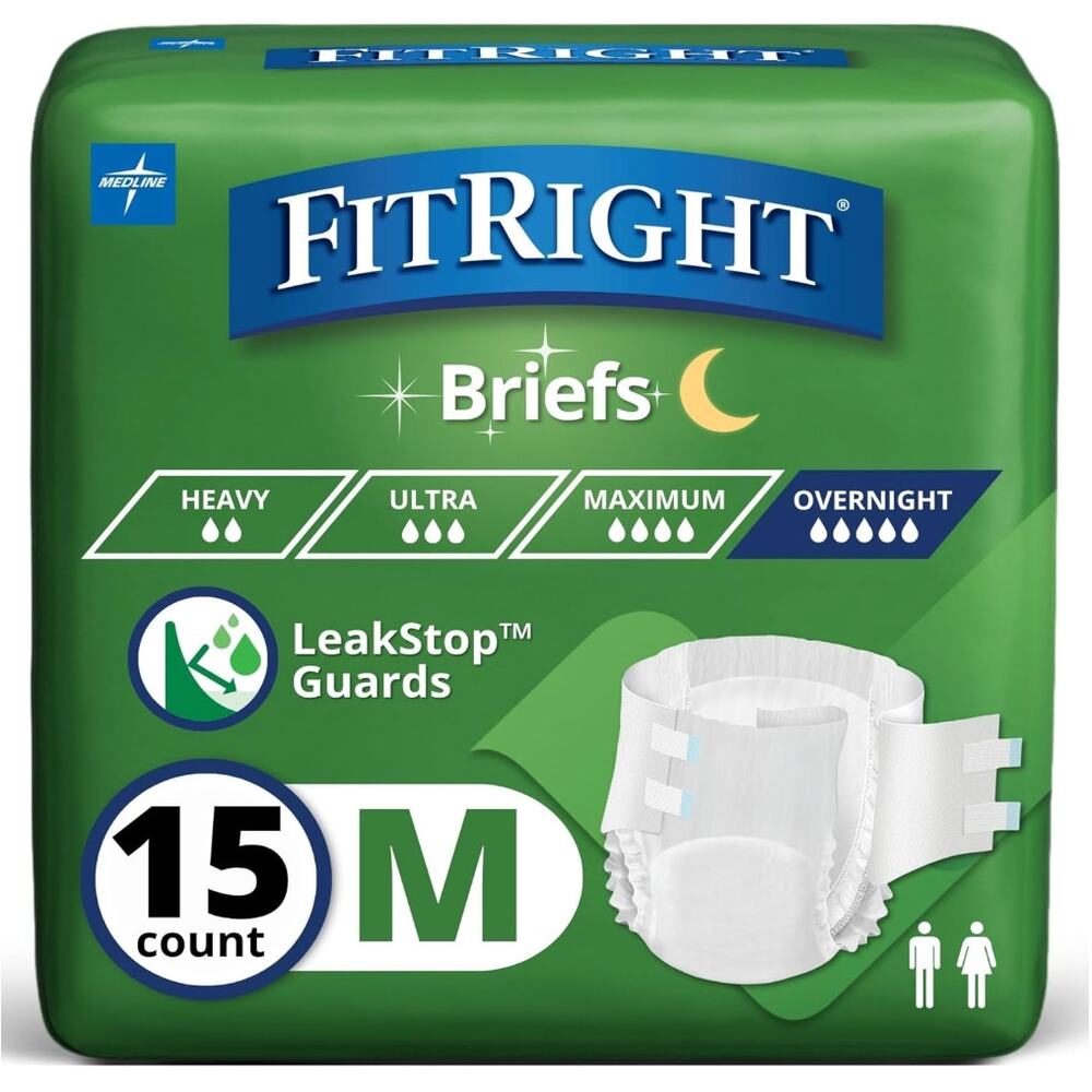 FitRight Extended Wear Overnight Adult Brief with Tabs, Medium, Pack of 15